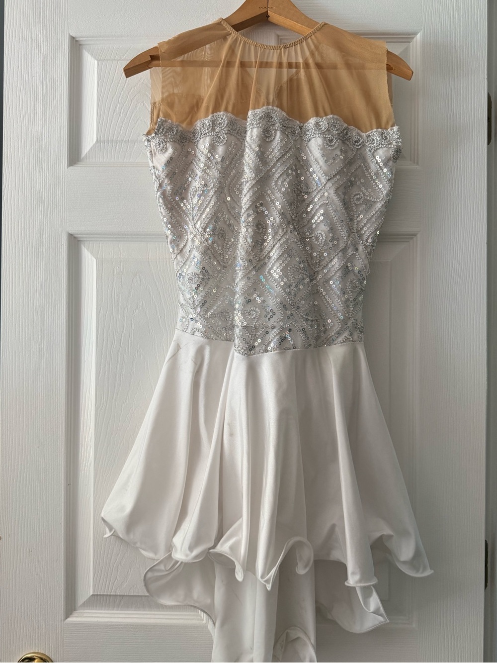 White Sequin Dress with Sheer Neutral Yoke and Cape